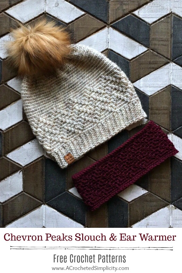Free Crochet Patterns - Chevron Peaks Slouch & Ear Warmer by A Crocheted Simplicity #chevrons #crochetearwarmer #crochetslouch #crochethat #texturedcrochet #freecrochetpattern