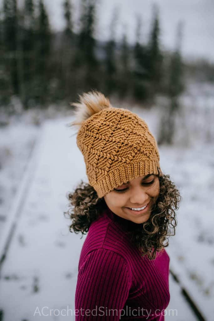 Free Crochet Hat Pattern - Diamonds Beanie, Slouch, Messy Bun & Ear Warmer by A Crocheted Simplicity #crochethat #crochetbeanie #freecrochetpattern #crochetmessybun #crochetearwarmer #handmade #crochetdiamonds