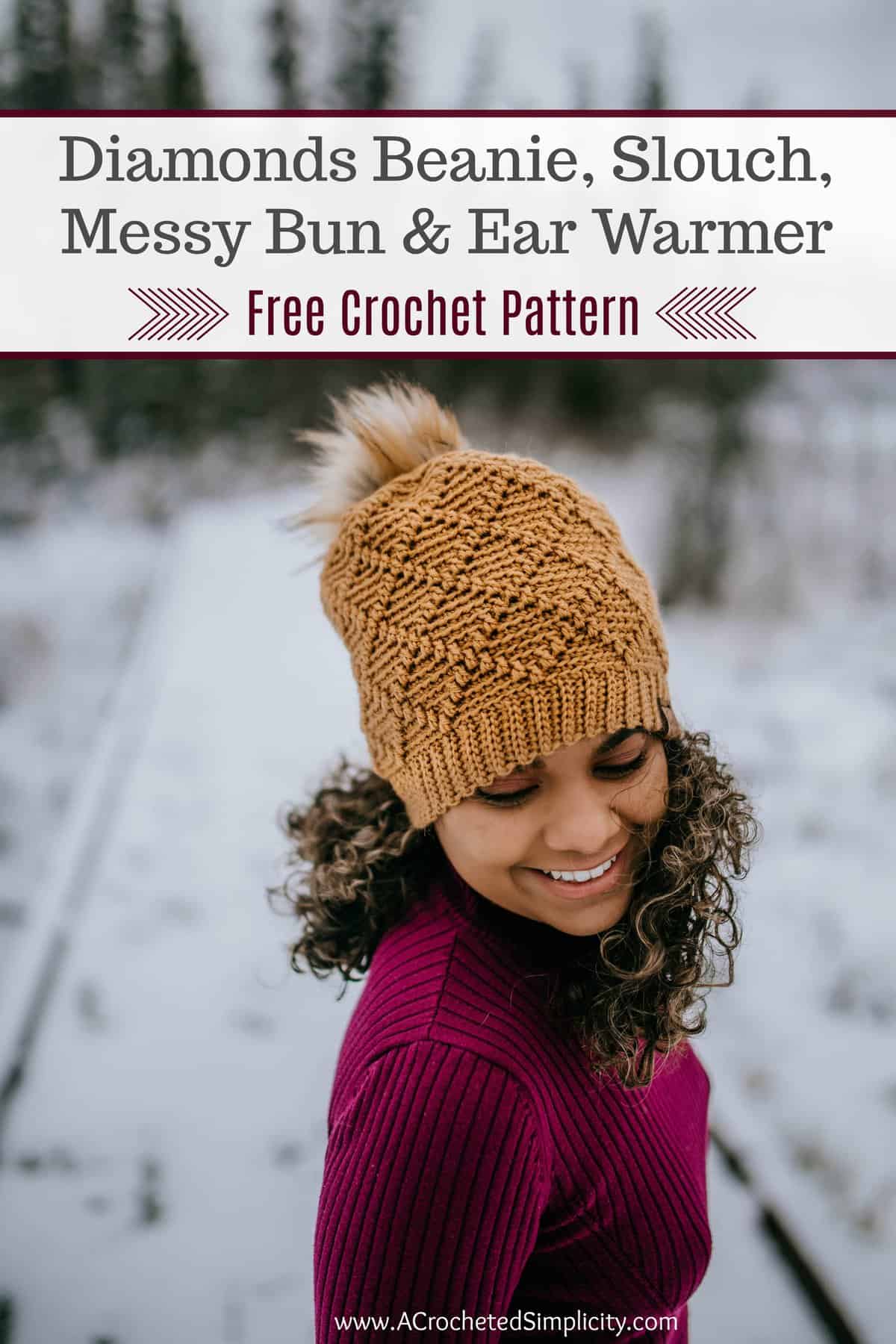 Free Crochet Hat Pattern - Diamonds Beanie, Slouch, Messy Bun & Ear Warmer by A Crocheted Simplicity #crochethat #crochetbeanie #freecrochetpattern #crochetmessybun #crochetearwarmer #handmade #crochetdiamonds