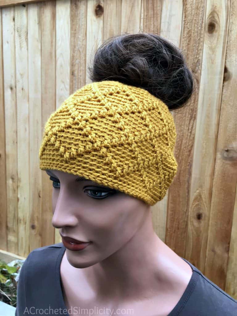 Free Crochet Pattern - Diamonds Messy Bun by A Crocheted Simplicity . #crochetmessybun #freecrochetpattern #crochetdiamonds #crochethat #crochetbunhat #crochetponytailhat #handmade