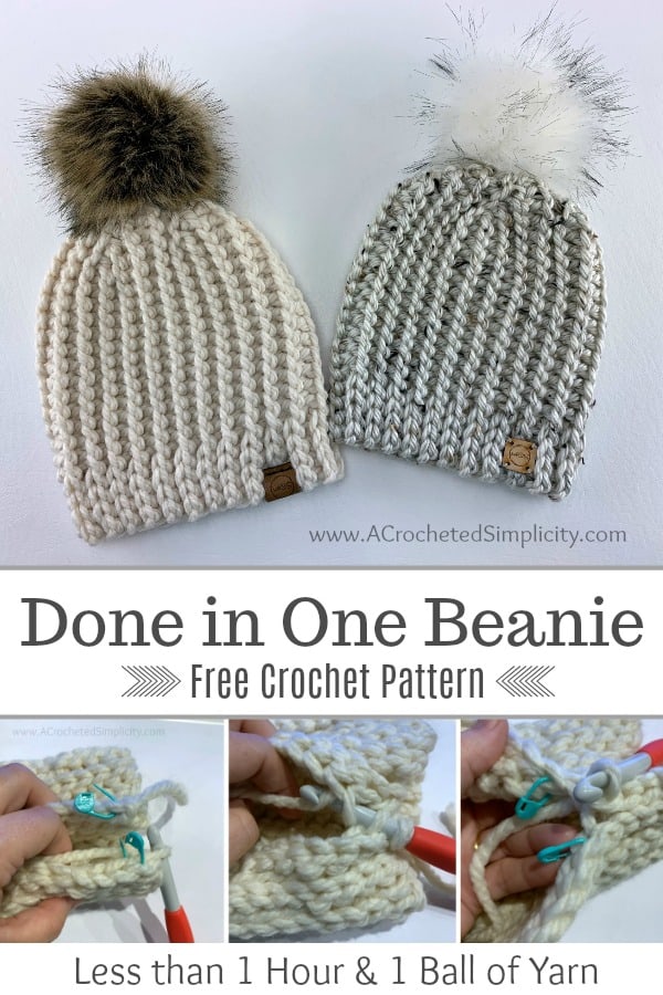 Free Crochet Hat Pattern - Done in One Beanie by A Crocheted Simplicity #freecrochetpattern #freecrochethatpattern #knitlookcrochet #crochetknitlook #crochetpattern #handmade #crochetbeanie #onehourhat #quickcrochetprojects