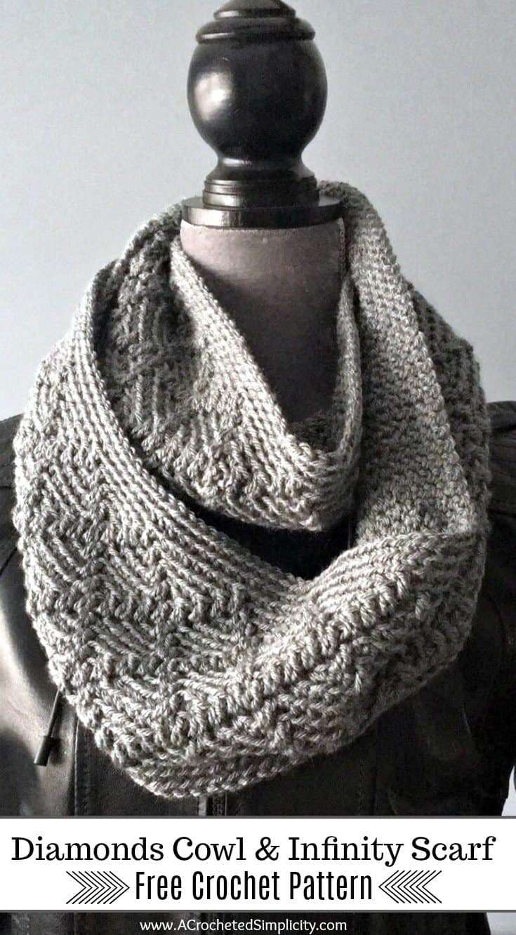 Free Crochet Cowl Pattern - Diamonds Cowl Infinity Scarf Pattern by A Crocheted Simplicity #freecrochetpattern #crochetcowl #crochetscarf #crochetinfinityscarf #infinityscarf #crochetcowlpattern #crochetdiamonds #diamonds