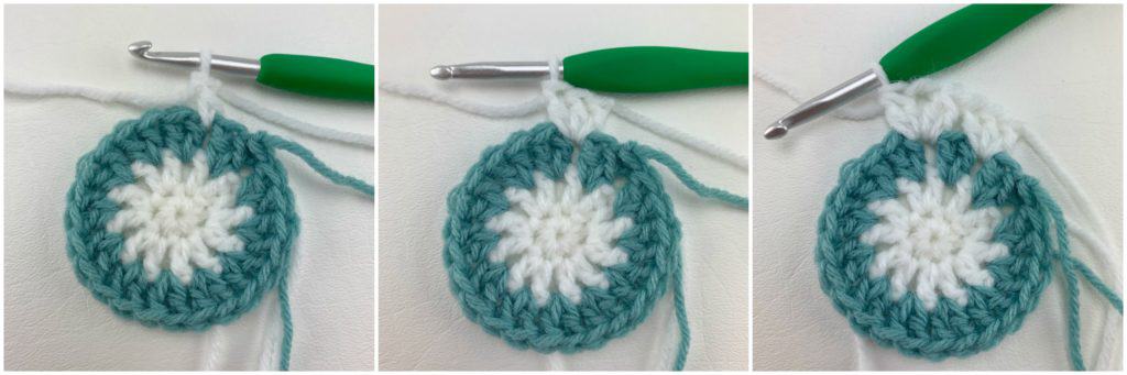Crocheting a white and blue hexagon motif.