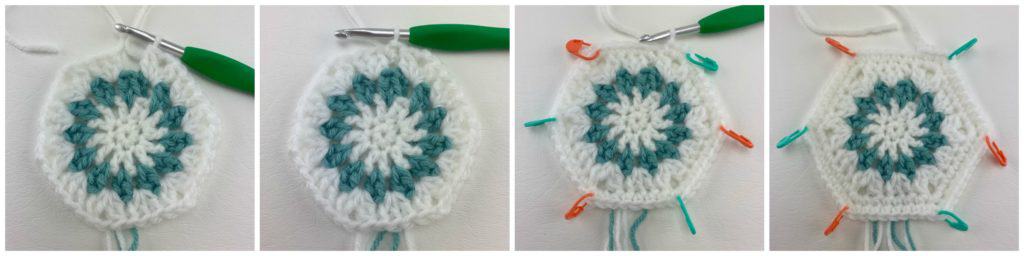 Crocheting a white and blue hexagon motif.
