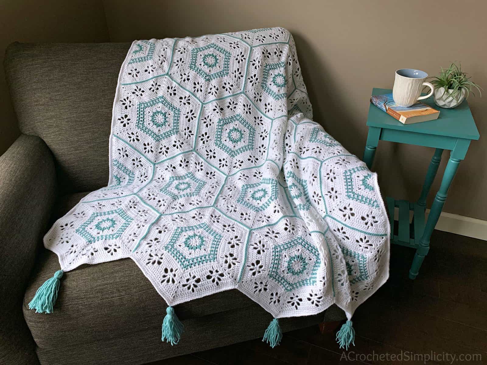 Free Crochet Hexagon Afghan Pattern- Succulent Spring Hexagon Afghan by A Crocheted Simplicity #freecrochetpattern #crochethexagonsquare #crochethexagonafghan #crochethexagonblanket #crochetafghansquare #12incheafghansquare #freecrochetblanketsquare #crochettextures #crochetafghan #crochetblanket #freehexagonafghanpattern