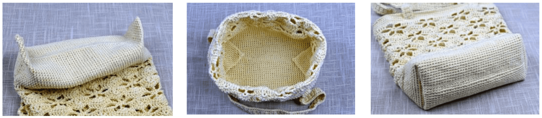 Inside of cream crochet bag to show how bottom of bag was created.