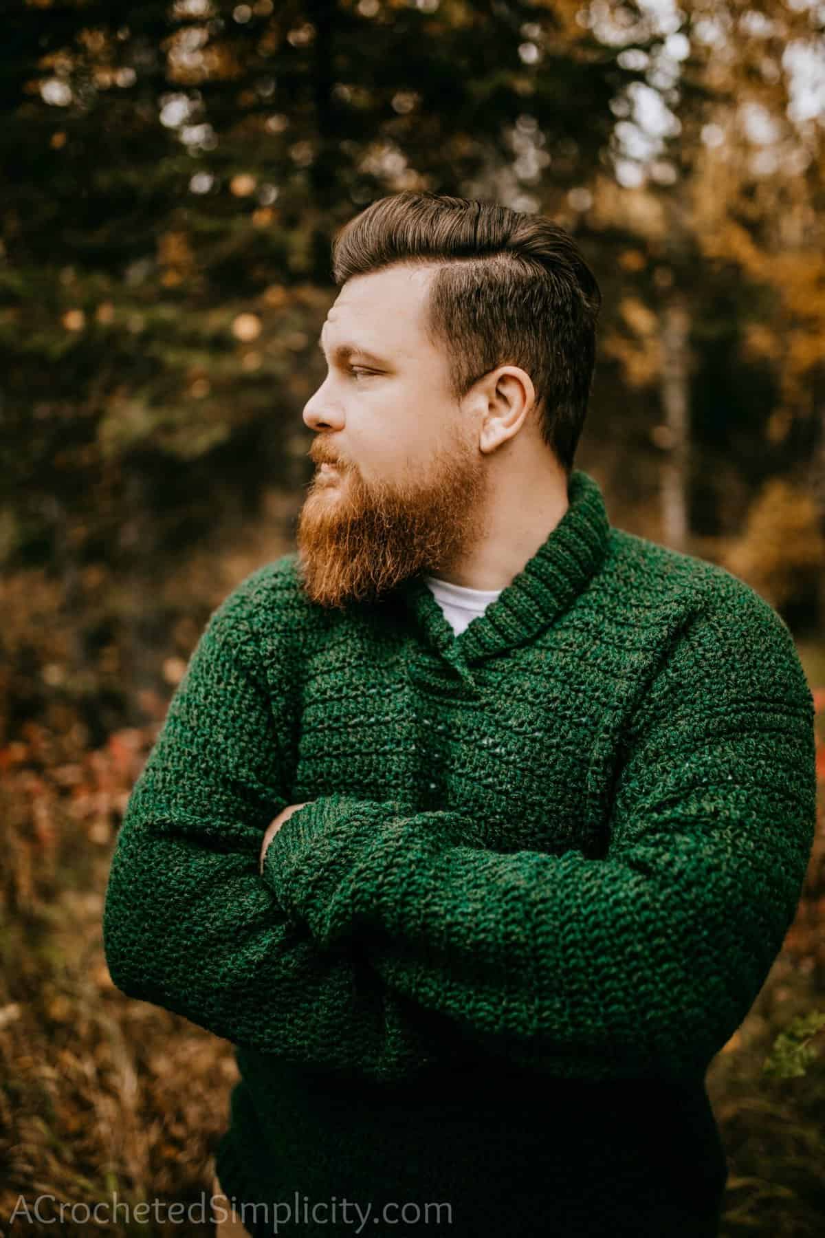 Free Crochet Sweater Pattern - Brentwood Men's Pullover by A Crocheted Simplicity #freecrochetpattern #freecrochetsweaterpattern #crochetmenssweater #crochetshawlcollarsweater #crochetmenssweater #crochetsweaterpattern #menssweater #crochetformen