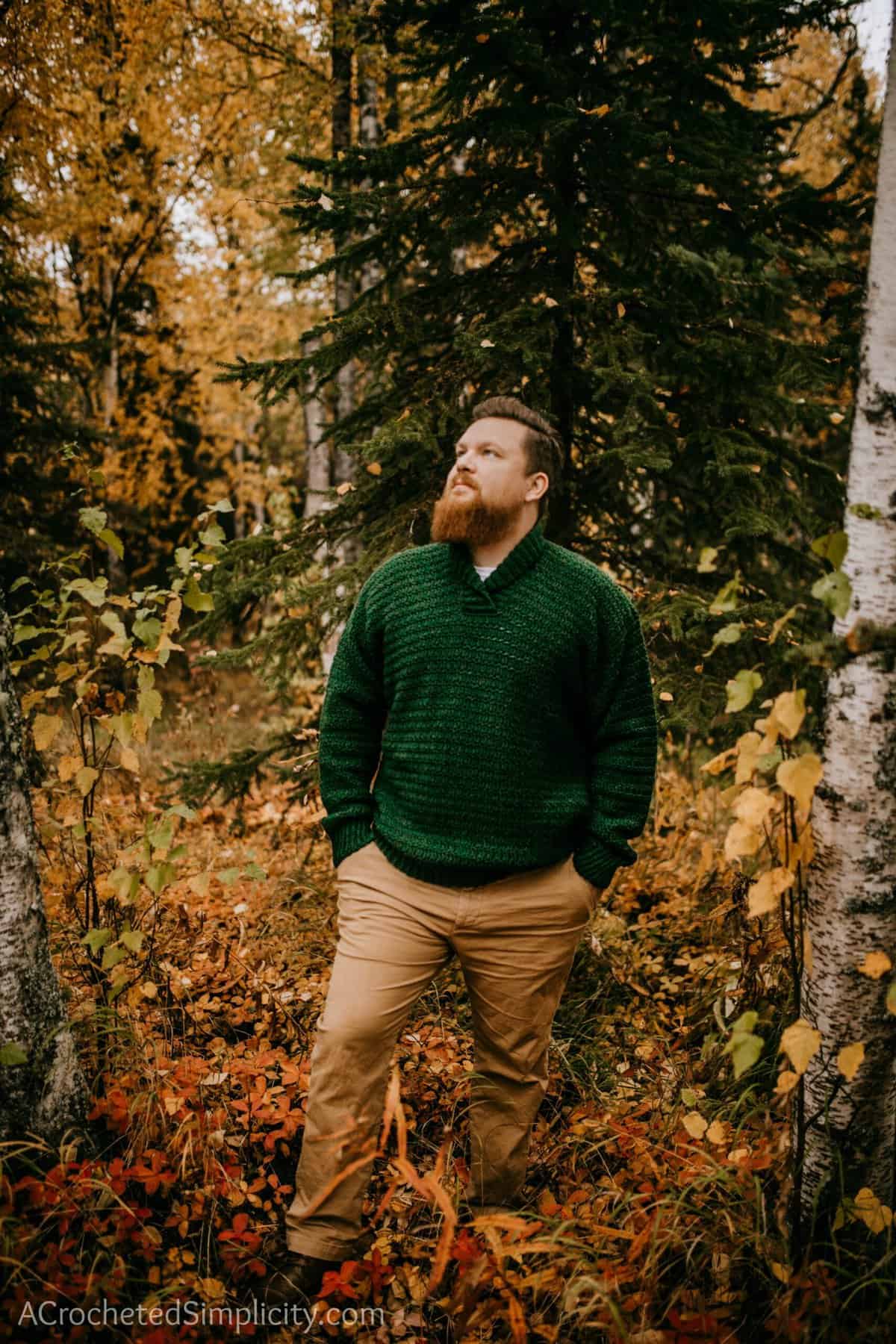 Free Crochet Sweater Pattern - Brentwood Men's Pullover by A Crocheted Simplicity #freecrochetpattern #freecrochetsweaterpattern #crochetmenssweater #crochetshawlcollarsweater #crochetmenssweater #crochetsweaterpattern #menssweater #crochetformen