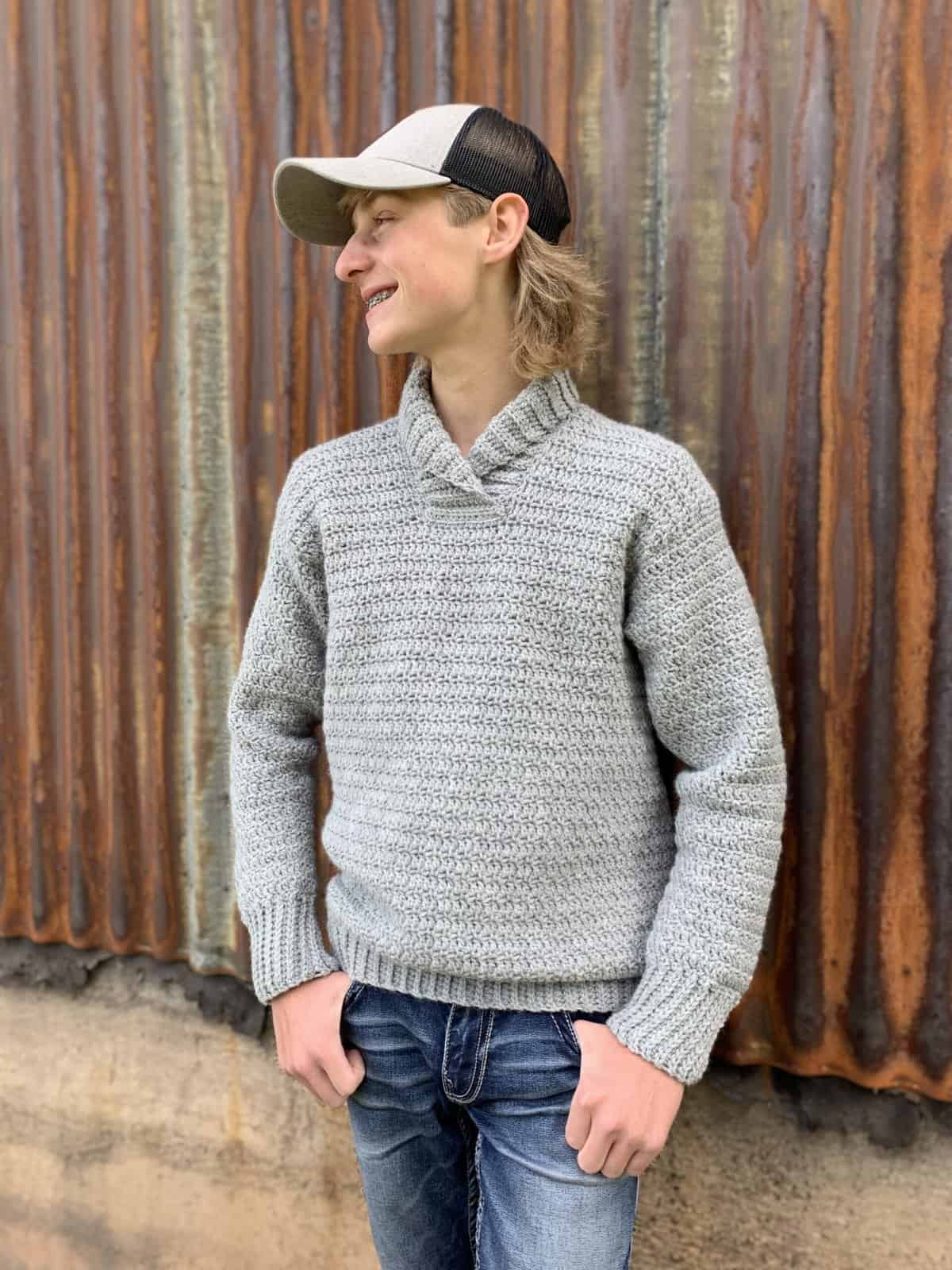 Free Crochet Sweater Pattern - Brentwood Men's Pullover by A Crocheted Simplicity #freecrochetpattern #freecrochetsweaterpattern #crochetmenssweater #crochetshawlcollarsweater #crochetmenssweater #crochetsweaterpattern #menssweater #crochetformen