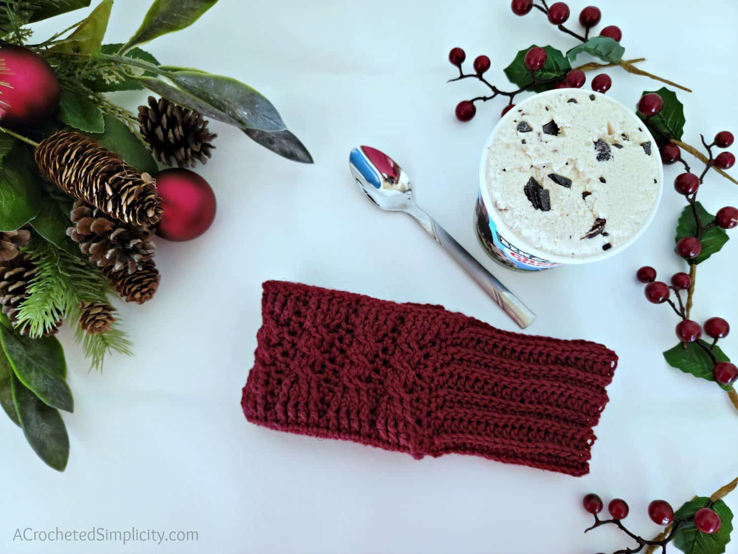 Free Crochet Drink Mitt Pattern - Cabled Sweater Ice Cream Cozy & Drink Mitt by A Crocheted Simplicity #freecrochetpattern #cozyholidaycal #crozydrinkmitt #crochetdrinkmittpattern #crochetcables