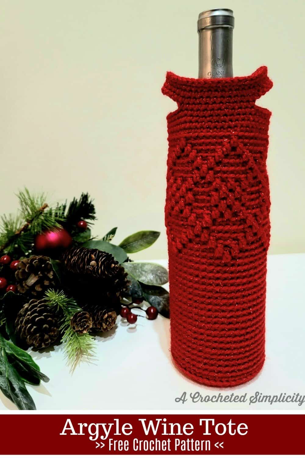 Free Crochet Wine Tote Pattern - Argyle Wine Tote by A Crocheted Simplicity. #handmadetote #handmade #christmaswinetote #crochetwinetote #crochetargyle #freecrochetpattern