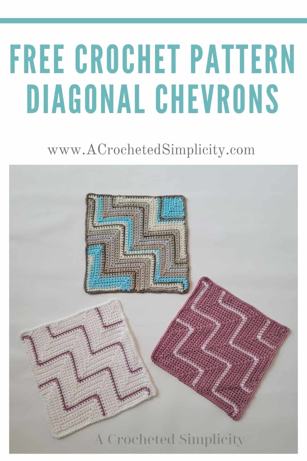 Free Crochet Pattern - Diagonal Chevrons 12" Afghan Square designed by A Crocheted Simplicity. #freecrochetpattern #crochetsquare #afghansquare #cal #freecrochetafghansquare #crochetchevrons #diagonalcrochet #onthebias #cornertocornercrochet #c2ccrochet