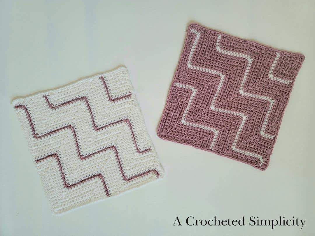 Free Crochet Pattern - Diagonal Chevrons 12" Afghan Square designed by A Crocheted Simplicity. #freecrochetpattern #crochetsquare #afghansquare #cal #freecrochetafghansquare #crochetchevrons #diagonalcrochet #onthebias #cornertocornercrochet #c2ccrochet