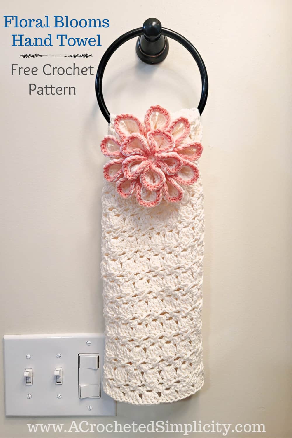 Free Crochet Hand Towel Pattern - Floral Blooms Hand Towel by A Crocheted Simplicity #freecrochetpattern #freecrochettowelpattern #handmade #crochetforhome #crochethandtowel #crochetkitchentowel #crochet #crochettowel #crochetkitchentowel #cottoncrochet #kitchencrochet