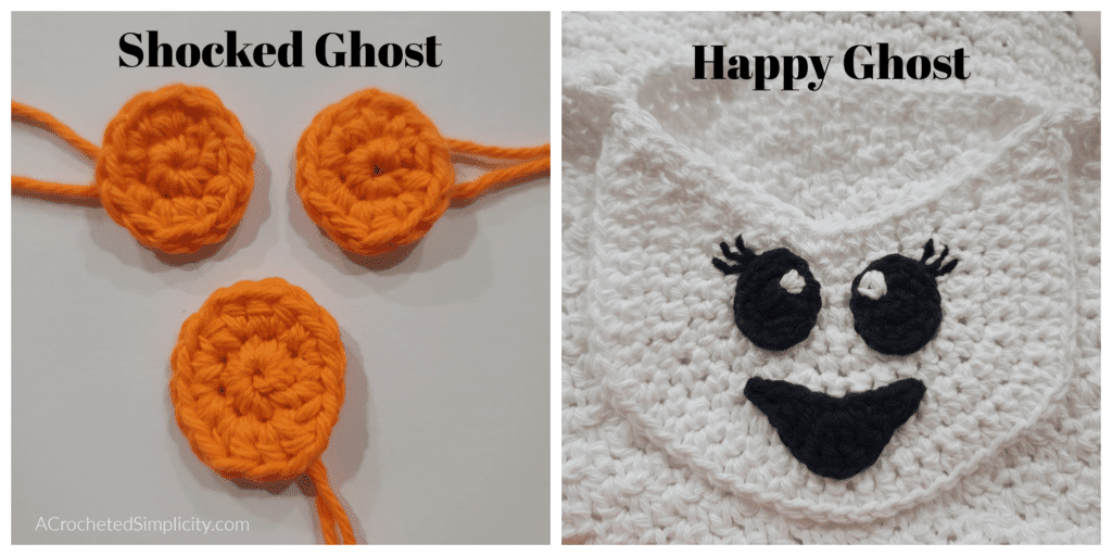There are two crochet ghost facial features shown. One in orange and the other in black.