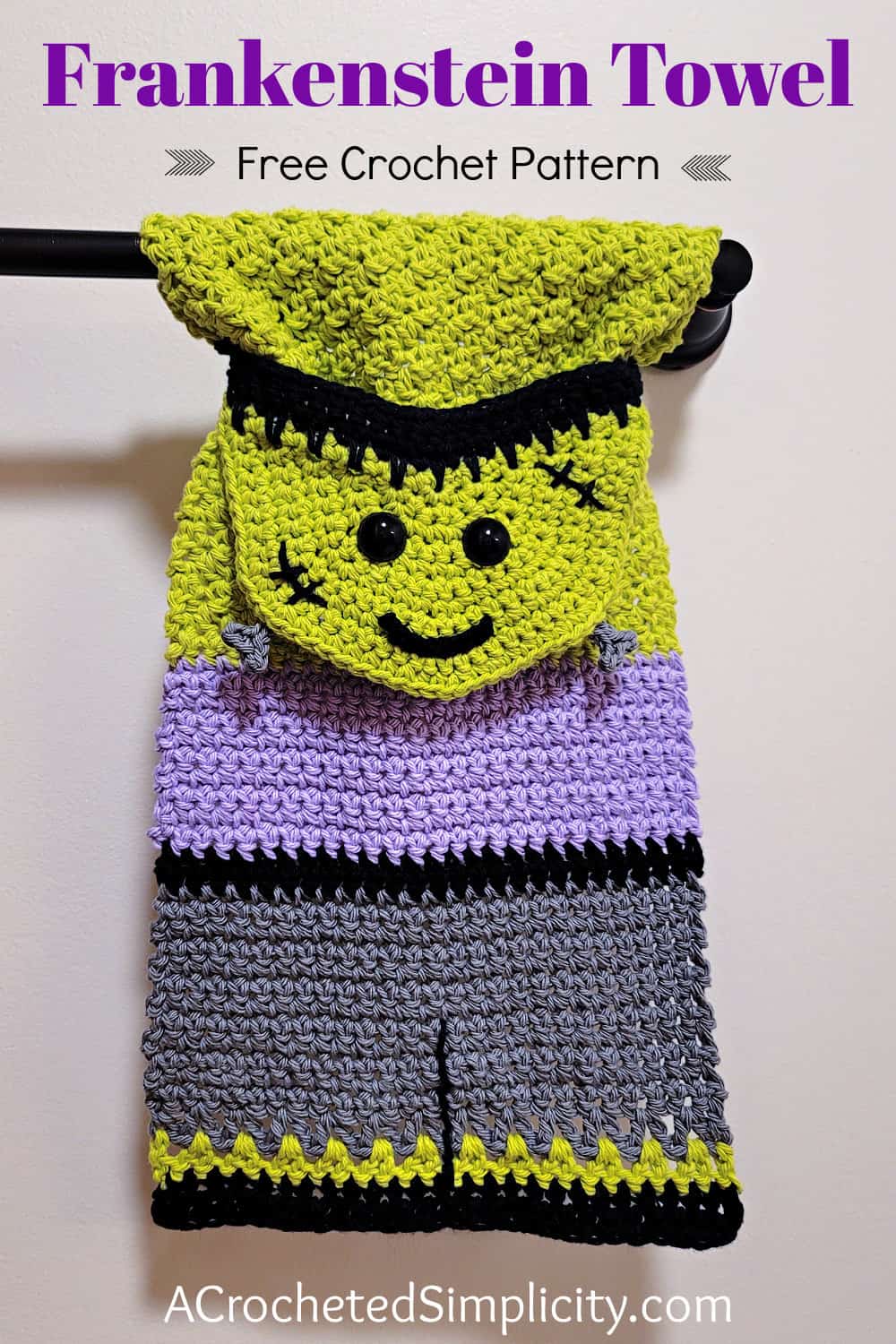 Free Crochet Towel Pattern - Frankenstein's Monster Kitchen Towel by A Crocheted Simplicity #freecrochetpattern #crochetmonster #crochetmonsterpattern #freecrochetfrankensteinpattern #crochet #crochettowel #crochettowelpattern #handmade #halloweentowel #frankensteintowel #frankensteincrochet #crochetfrankenstein