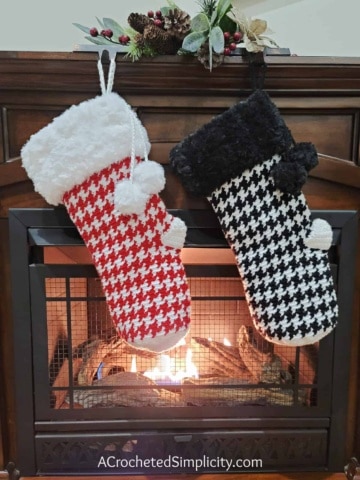 Free Crochet Stocking Pattern - Houndstooth Christmas Stocking by A Crocheted Simplicity #crochetcatherineswheel #crochetstocking #plaidstocking #farmhouseplaid #farmhousecrochet #crochetchristmas #crochetchristmasstocking #freecrochetpattern #crochet #handmadestocking #handmadechristmas #houndstooth #classichoundstooth #crochethoundstooth #houndstoothstocking