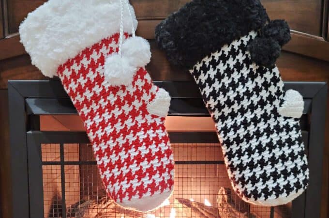 Free Crochet Stocking Pattern - Houndstooth Christmas Stocking by A Crocheted Simplicity #crochetcatherineswheel #crochetstocking #plaidstocking #farmhouseplaid #farmhousecrochet #crochetchristmas #crochetchristmasstocking #freecrochetpattern #crochet #handmadestocking #handmadechristmas #houndstooth #classichoundstooth #crochethoundstooth #houndstoothstocking