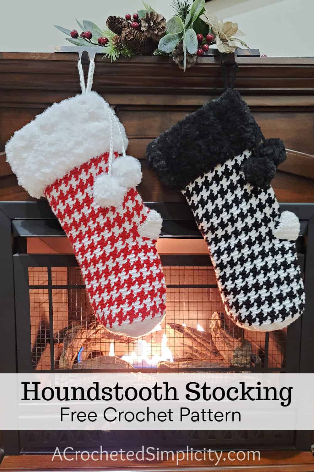 Two houndstooth crochet stockings hanging on a fireplace.