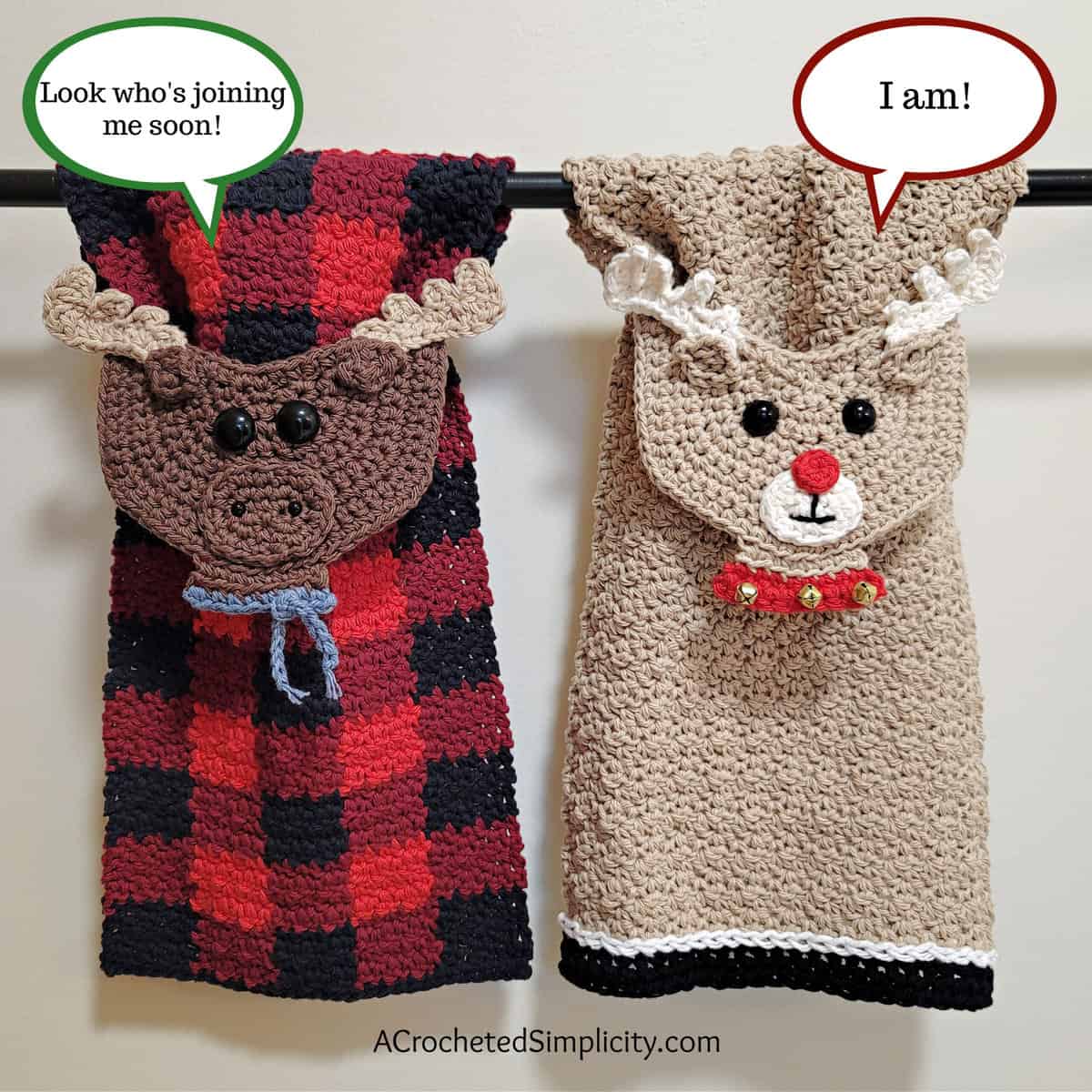 Free Crochet Pattern - Plaid Moose Kitchen Towel by A Crocheted Simplicity #crochetplaid #freecrochetpattern #crochetmoose #crochetkitchentowel #freecrochetmoose #freecrochettowel #plaidmoose #plaiddecor #plaidkitchentowel #plaidmoosedecore