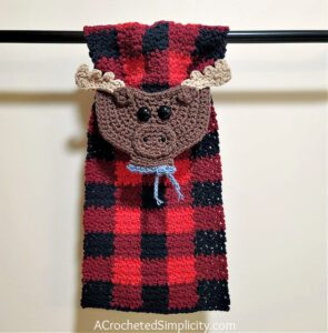 Free Crochet Pattern - Plaid Moose Kitchen Towel by A Crocheted Simplicity #crochetplaid #freecrochetpattern #crochetmoose #crochetkitchentowel #freecrochetmoose #freecrochettowel #plaidmoose #plaiddecor #plaidkitchentowel #plaidmoosedecor