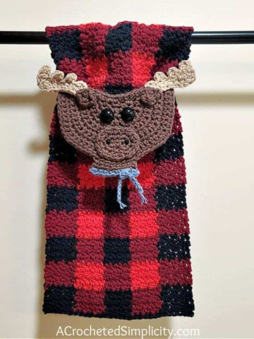 Free Crochet Pattern - Plaid Moose Kitchen Towel by A Crocheted Simplicity #crochetplaid #freecrochetpattern #crochetmoose #crochetkitchentowel #freecrochetmoose #freecrochettowel #plaidmoose #plaiddecor #plaidkitchentowel #plaidmoosedecor