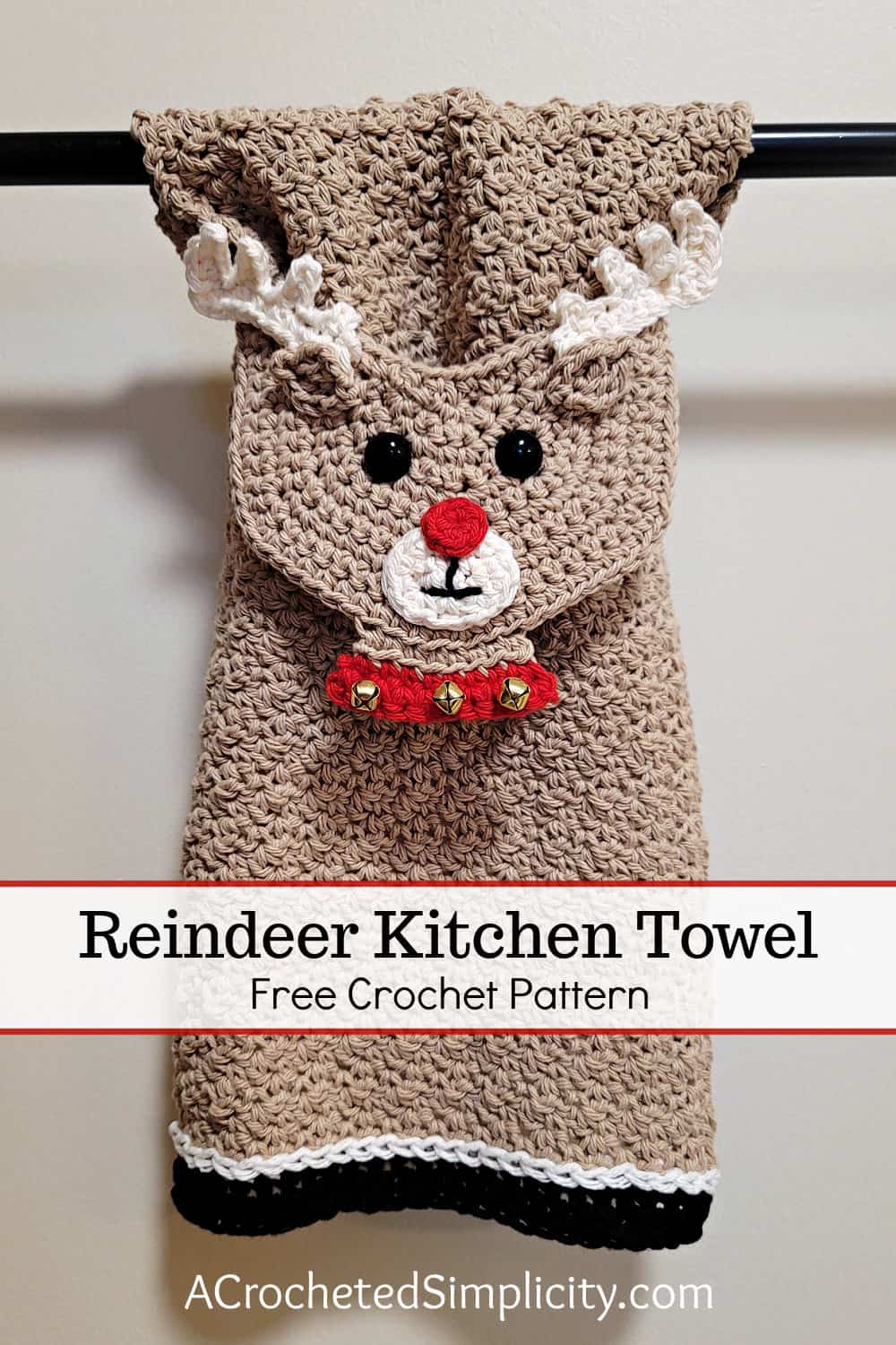 Free Crochet Pattern - Reindeer Kitchen Towel by A Crocheted Simplicity #crochet #freecrochetpattern #crochetdeer #crochetkitchentowel #freecrochetdeer #freecrochettowel #christmastowel #kitchentowel #reindeerdecorations