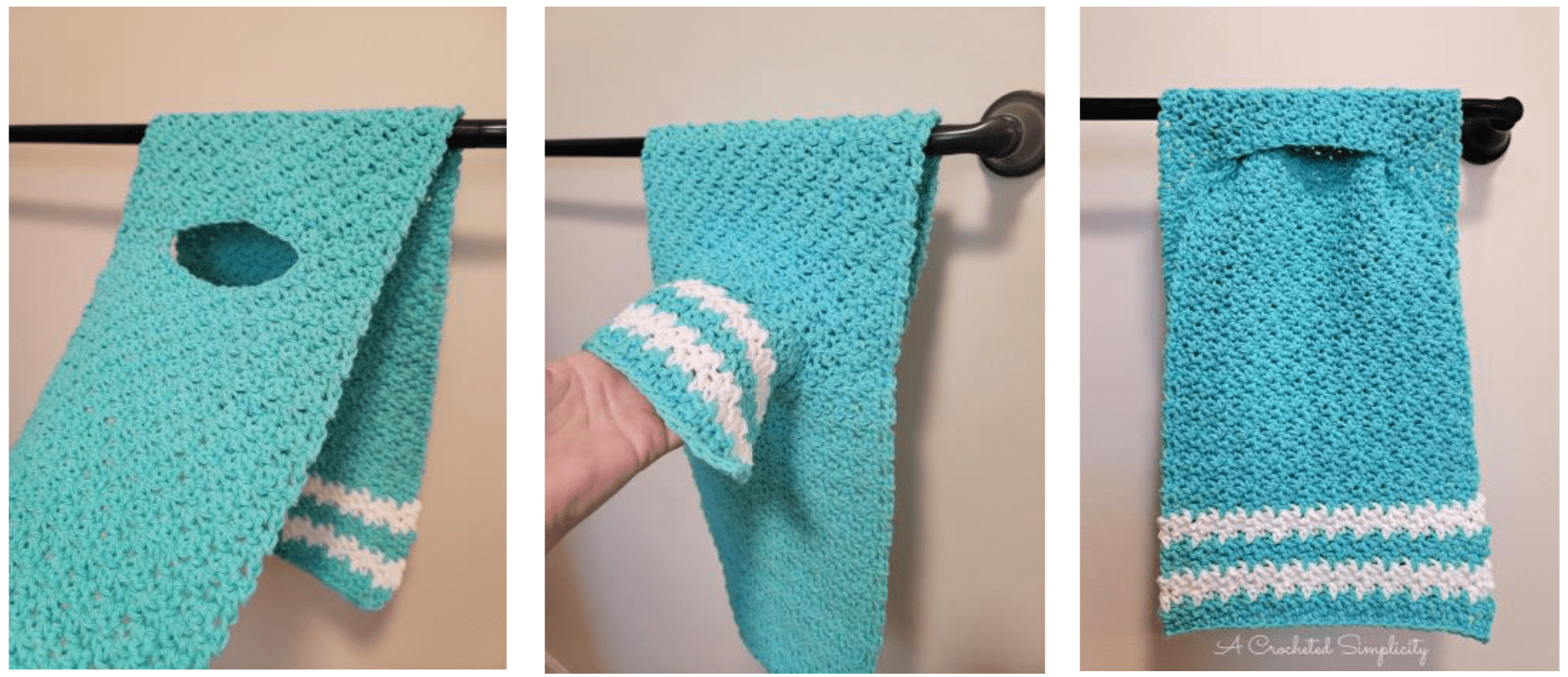 Free Crochet Towel Pattern - Basic Keyhole Kitchen Towel by A Crocheted Simplicity #freecrochetpattern #freecrochettowelpattern #keyhole #keyholetowel #keyholehandtowel #stayputtowel #stayputcrochettowel #keyholetowel #keyholecrochettowel #handmadetowel #crochettowlpattern #crochethandtowel #farmhousekitchentowel #farmhousestripes #crochethandtowel