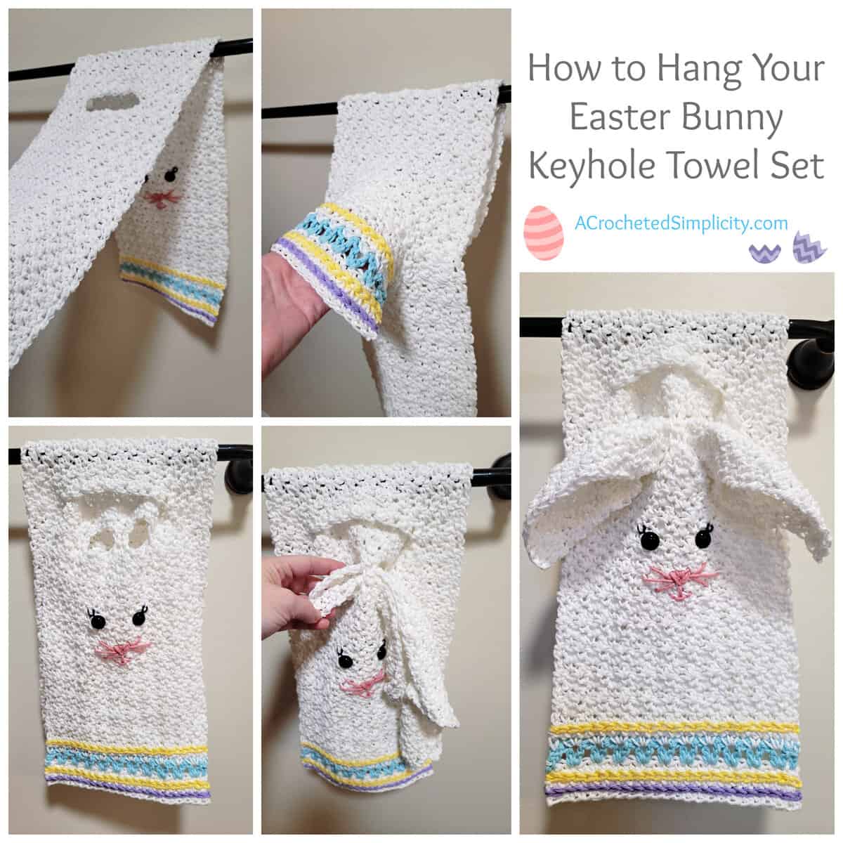 How to hang a keyhole crochet hand towel with a Easter bunny face.