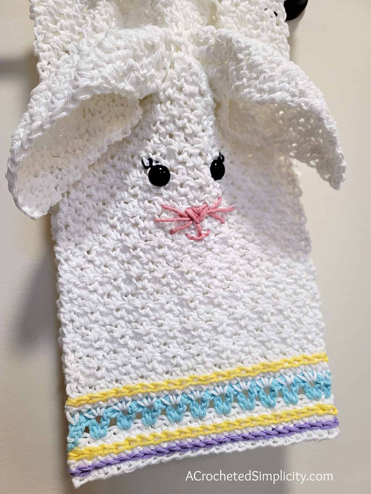 Crochet bunny hand towel with washcloth as ears.