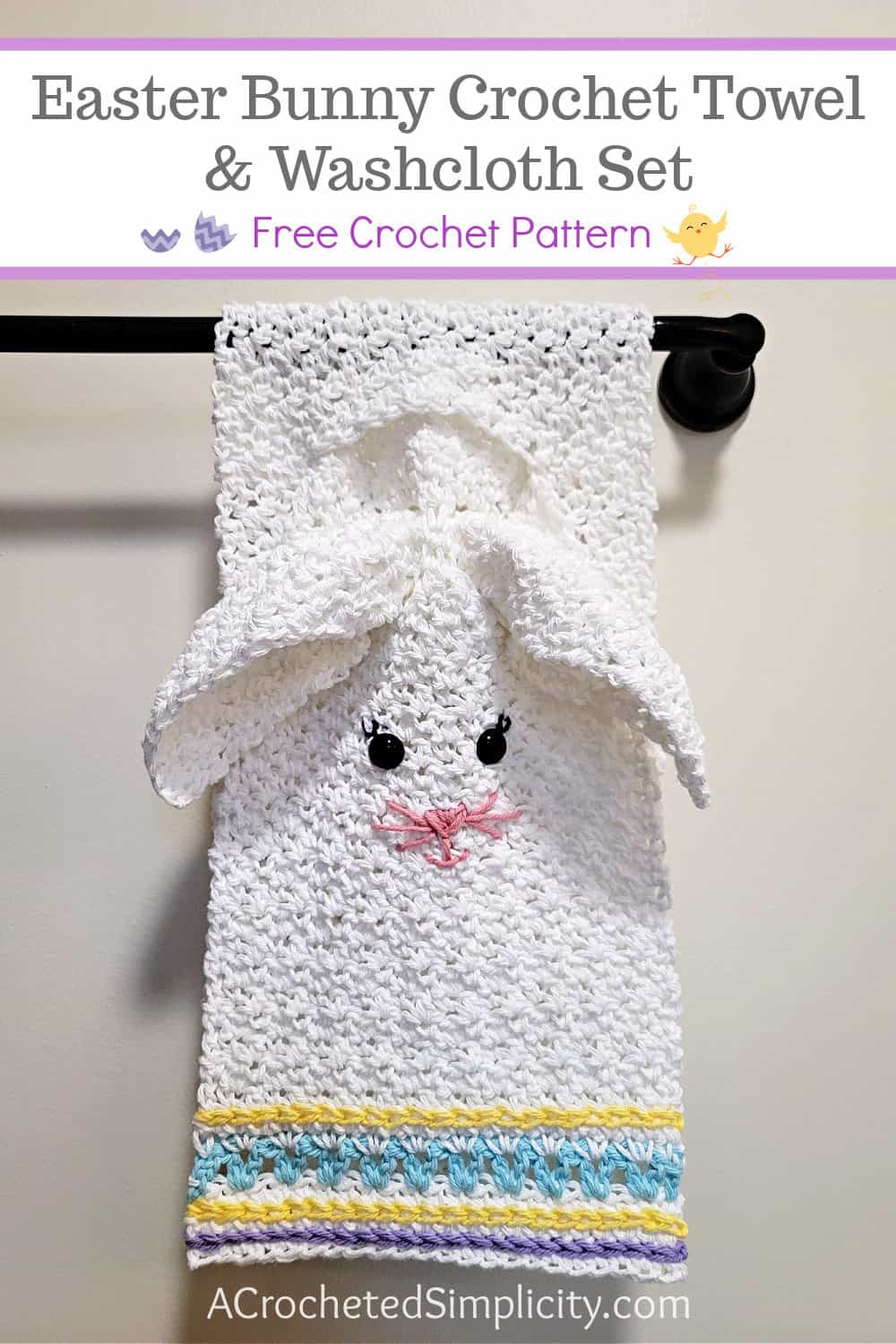 Crochet Easter bunny hand towel hanging on a towel bar.