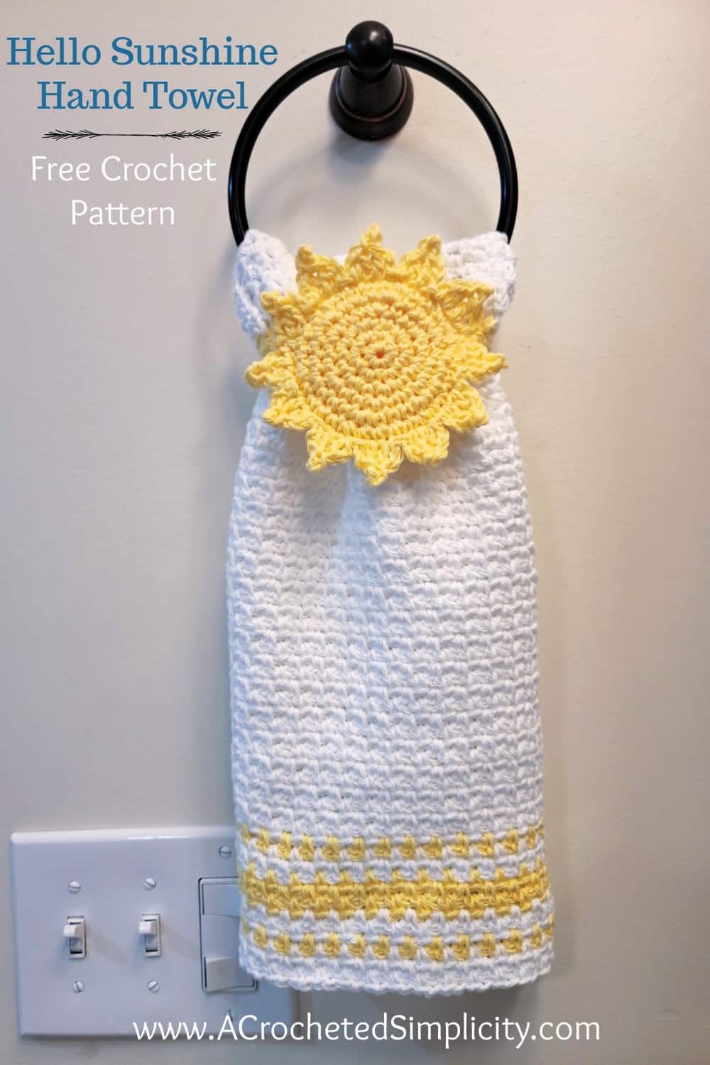 Free Crochet Towel Pattern - Hello Sunshine Keyhole Hand Towel by A Crocheted Simplicity #freecrochetpattern #freecrochettowelpattern #stayputtowel #stayputcrochettowel #keyholetowel #keyholecrochettowel #handmadetowel #crochettowelpattern #crochethandtowel #crochetlinenstitch #kitchentowel #crochetsun #sunhandtowel #summertowel #crochethandtowel