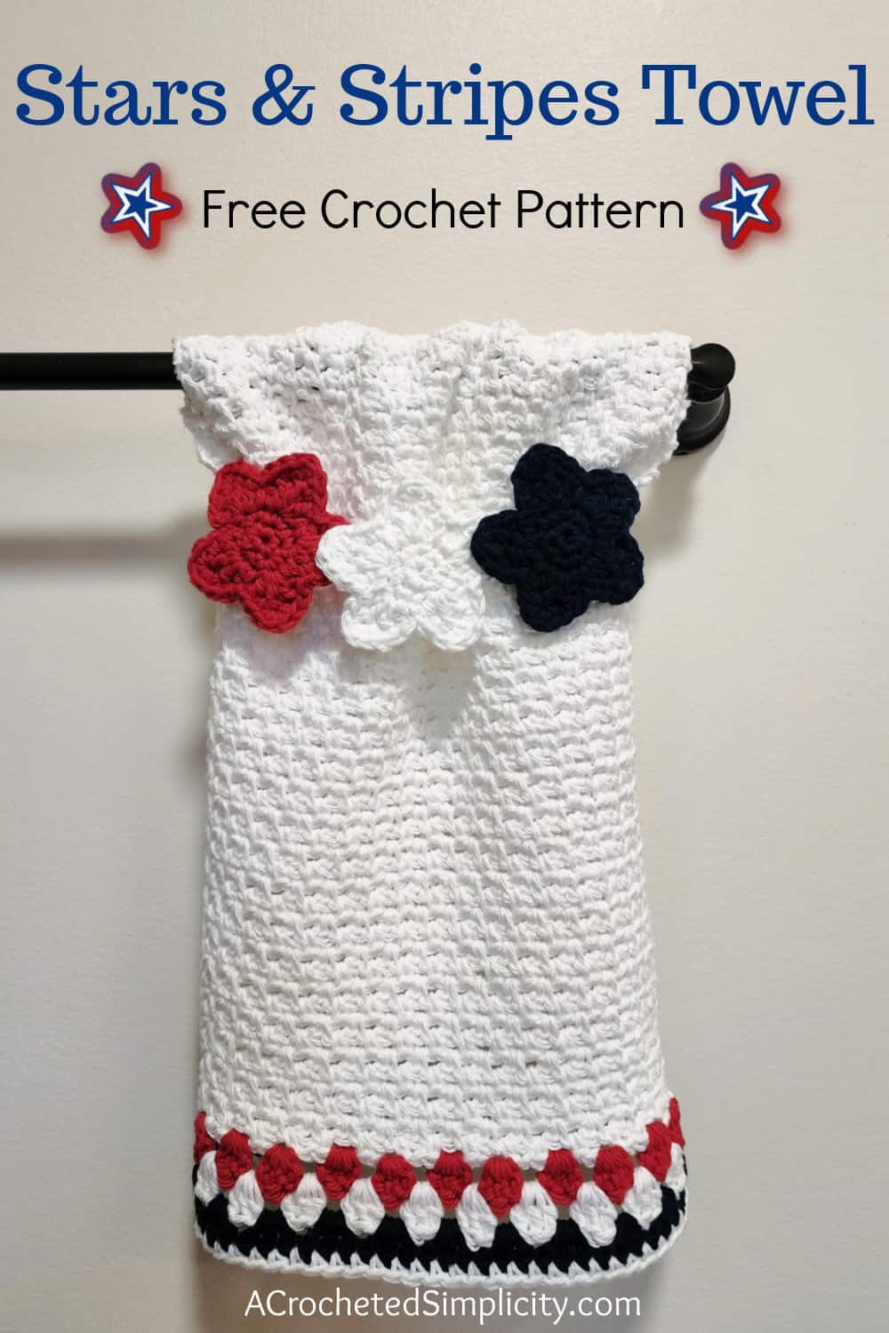 Free Crochet Towel Pattern - Stars & Stripes Keyhole Hand Towel by A Crocheted Simplicity #freecrochetpattern #freecrochettowelpattern #stayputtowel #stayputcrochettowel #keyholetowel #keyholecrochettowel #handmadetowel #crochettowelpattern #crochethandtowel #crochetlinenstitch #kitchentowel #4thofjulydecor #patriotichandtowel #summertowel #crochethandtowel #starsandstripes #crochetstarsandstripes #crochet4thofjuly #fourthofjulycrochet #redwhiteblue #crochetredwhiteblue