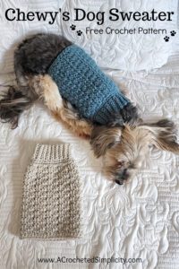 Free Crochet Dog Sweater Pattern - Chewy's Dog Sweater by A Crocheted Simplicity. #freecrochetpatternforpets #crochetforpets #crochetdogsweater #crochet #handmadedogsweater #crochetforpets #crochetfordogs #freecrochetpattern #dogsweaterpattern #handmadecrochet