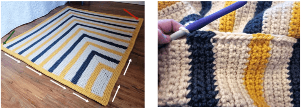A yellow, blue and white striped easy crochet baby blanket being worked and then spread across a wooden floor.