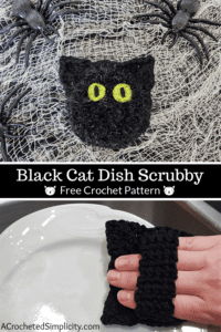 Free Crochet Pattern - Black Cat Dish Scrubby by A Crocheted Simplicity #freecrochetpattern #crochetscrubby #crochetscrubbypattern #crochetdishscrubby #halloweencrochet #crochetblackcat #blackcat #crochetkitchen #crochet #handmade #halloweencrochet