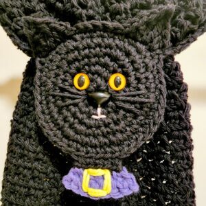 Free Crochet Pattern - Kitty Cat Towel by A Crocheted Simplicity #crochetcat #freecrochetpattern #freecrochetalong #blackcatCAL #crochetblackcat #halloweendecor #blackcatHalloween