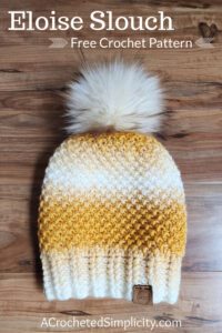 Eloise Slouch - Free Crochet Hat Pattern by A Crocheted Simplicity. #freecrochetpattern #crochetslouchpattern #crochetpattern #mossstitchhat #mossstitch #crochetmossstitch #extendedmossstitch