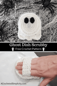 Free Crochet Pattern - Black Cat Dish Scrubby by A Crocheted Simplicity #freecrochetpattern #crochetscrubby #crochetscrubbypattern #crochetdishscrubby #halloweencrochet #crochetblackcat #blackcat #crochetkitchen #crochet #handmade #halloweencrochet #crochetghost #ghost #ghostdecor