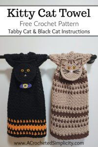 Free Crochet Pattern - Kitty Cat Towel by A Crocheted Simplicity #crochetcat #freecrochetpattern #freecrochetalong #blackcatCAL #crochetblackcat #halloweendecor #blackcatHalloween #stripedtabbycat #crochettabbycatpattern #crochettabbycat #stripedcrochetcat