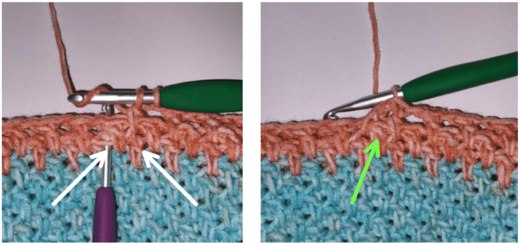 Arrows indicating where to work a crochet stitch with a green crochet hook.