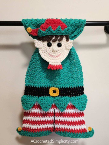 Free Crochet Towel Pattern - Elf Kitchen Towel by A Crocheted Simplicity #freecrochetpattern #crochettowelpattern #christmastowel #elfkitchentowel #elftowel #crochetelf #crochetelftowel #crochetchristmaself #handmadetowel #christmaself #stayputtowel #keyholetowel