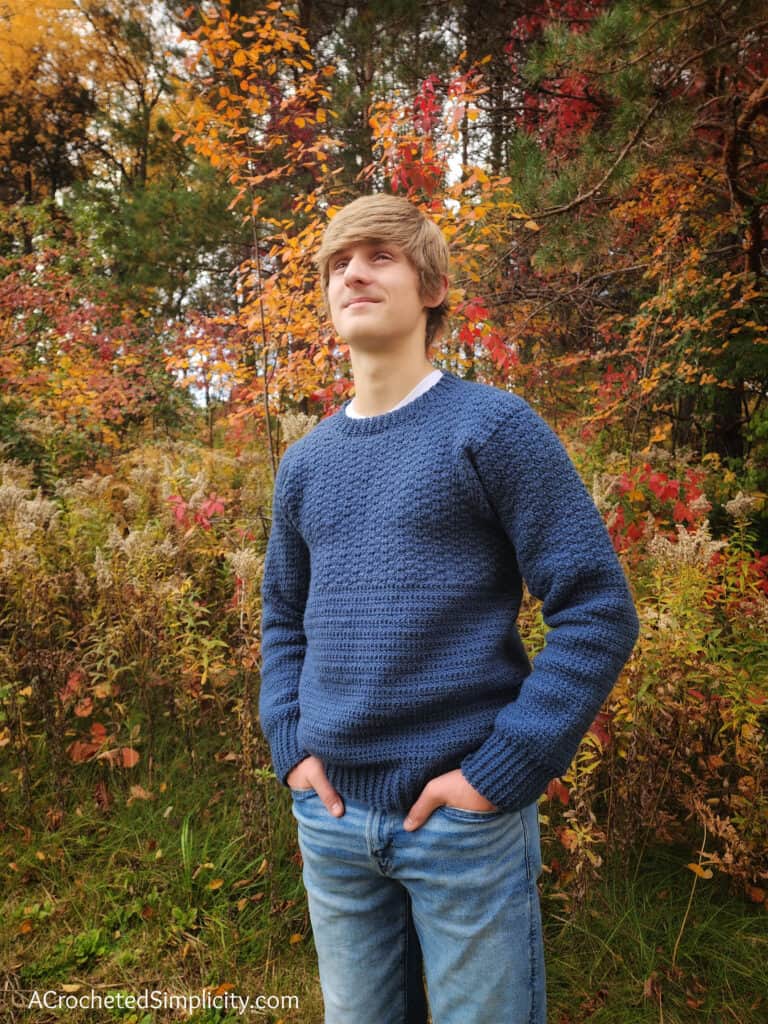 Free Crochet Sweater Pattern - Men's Split Level Pullover by A Crocheted Simplicity #freecrochetpattern #crochetformen #crochetpullover #crochetsweaterpattern #crochetmenssweater #crochetmenspullover #crochetcrewneck #crewnecksweaterpattern #handmadesweater