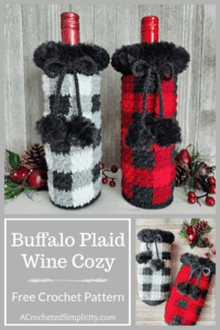 Buffalo Plaid Wine Cozy - Free Crochet Pattern by A Crocheted Simplicity #freecrochetpattern #crochetwinecozy #crochetwinetote #crochetplaid #crochetbuffaloplaid #crochetbuffalocheck #buffalocheck #crochetgifts #lastminutegifts #handmadegifts #crochet #diywinecozy #diywinetote