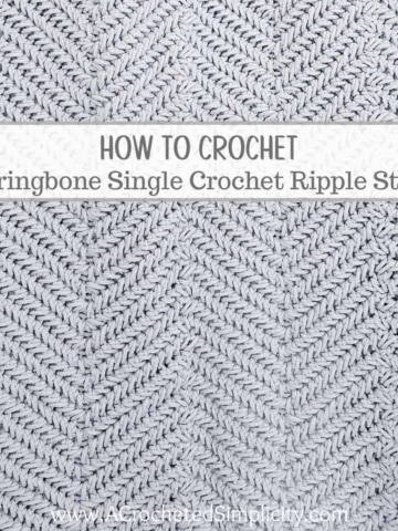 How to Crochet Herringbone Single Crochet Ripple Stitch Tutorial - by A Crocheted Simplicity #crochetstitchtutorial #crochettutorial #howtocrochet #herringbonestitch #herringbonesc #herringbonecrochetstitch #freecrochettutorial #herringboneripplestitch #crochetripplestitch