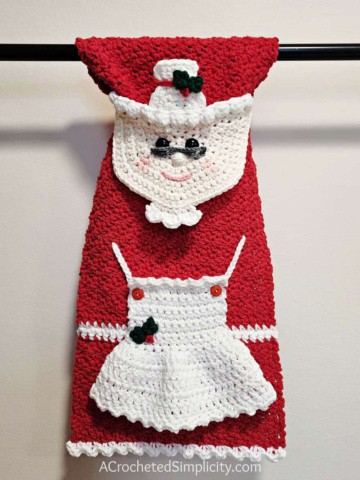 Mrs. Claus Kitchen Towel - Free Crochet Christmas Pattern by A Crocheted Simplicity. #freecrochetpattern #crochetchristmaspattern #freecrochetchristmaspattern #freecrochetmrsclauspattern #mrsclauscrochetpattern #crochetmrsclaus #handmadechristmas #crochettowel #crochetchristmastowel #santaclauscrochet #crochetsantaclaus