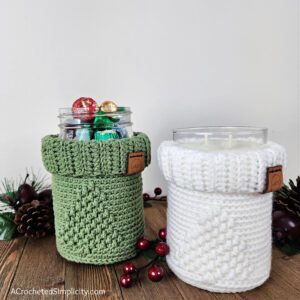 Crochet Mason Jar Cozy - O' Christmas Tree Jar Cozy - Free Crochet Jar Cozy Pattern by A Crocheted Simplicity #freecrochetpattern #crochetmasonjarcozy #crochetjarcozy #crochetjarcozypattern #christmasmasonjarcozy #crochetchristmas #christmasdecor #crochetchristmasdecor #crochettreedecor #crochetcandydish #crochetbasket #crochetcandybasket #crochetcandlecozy #freemasonjarcozypattern #handmadechristmas #lastminutecrochetgift #quickcrochet