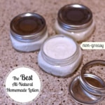 Three small canning jars with homemade lotion sitting on kitchen counter.