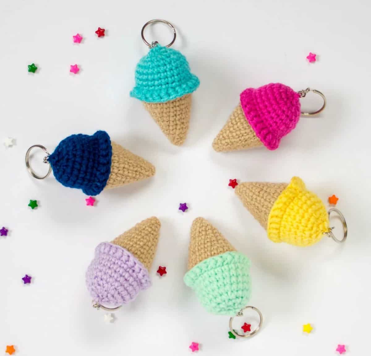 Crochet ice cream cone keychains.