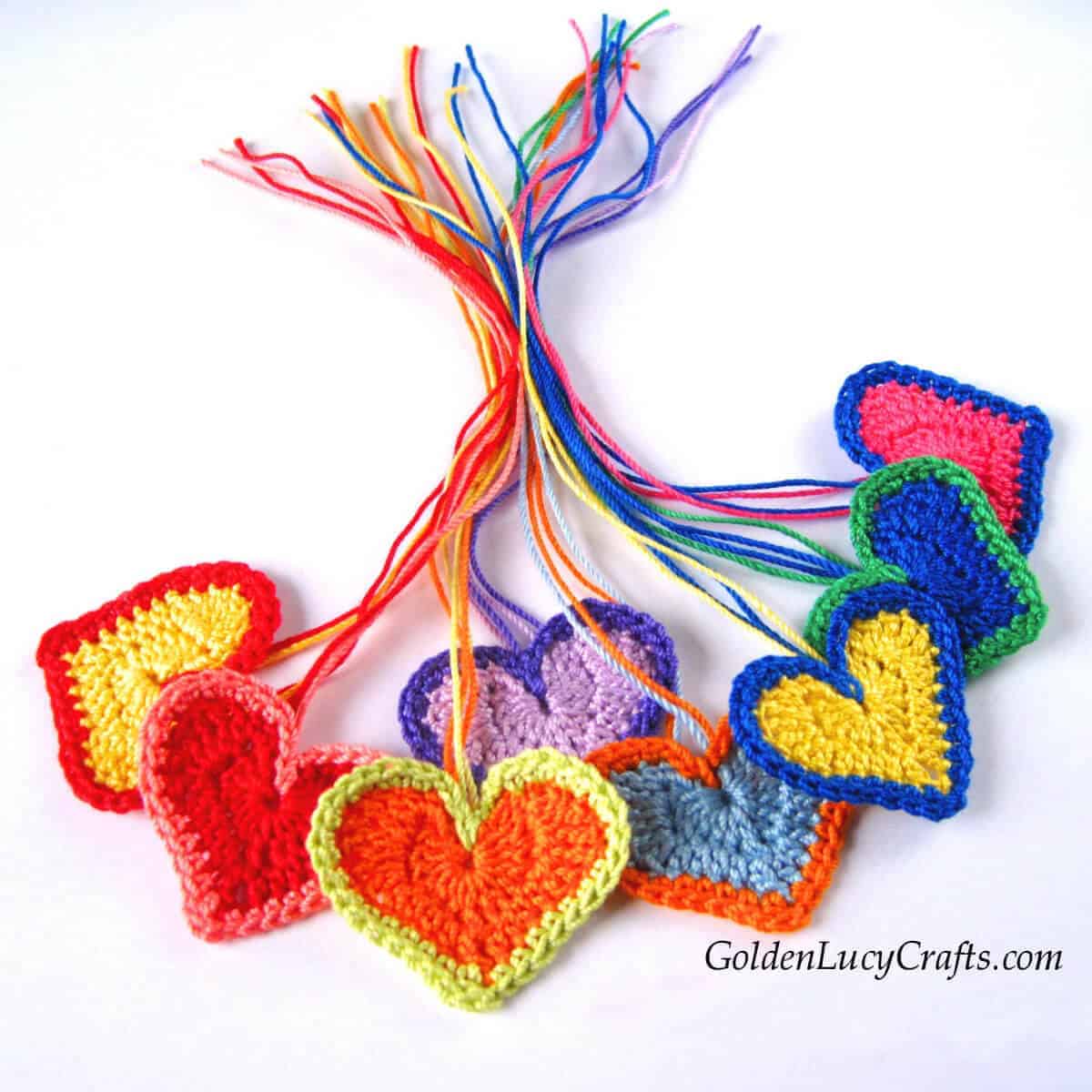 Colorful crochet heart bookmarks.